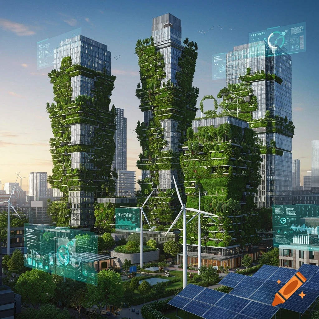 A sprawling green city with futuristic buildings covered in lush vegetation, wind turbines, and solar panels, under a bright sky.