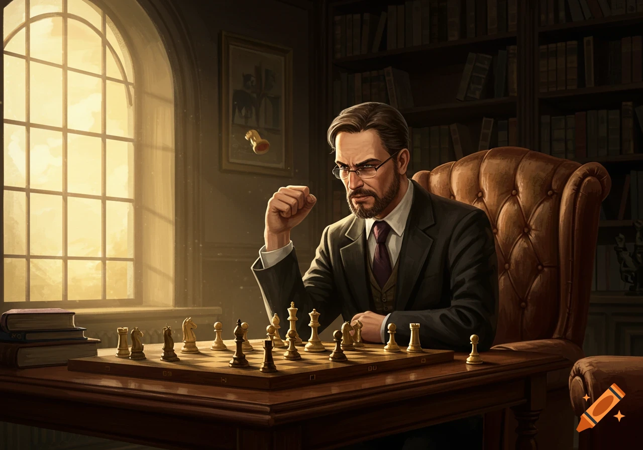 A man with a beard and glasses sits intently at a chess board in a study with a large window and bookshelves.
