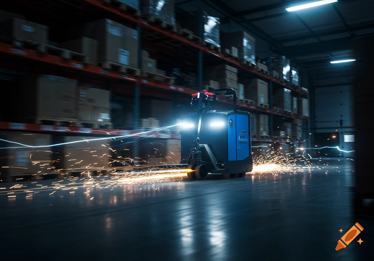A blue electric pallet jack speeds through a dark warehouse, leaving sparks and light trails.