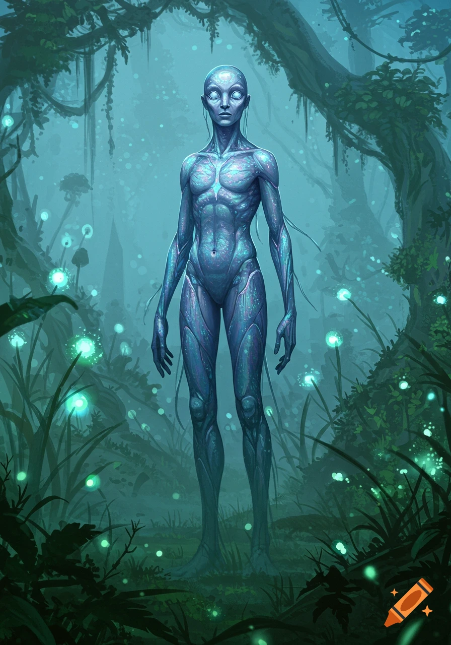 A blue-skinned, humanoid alien with subtle bioluminescent patterns stands in a misty, bioluminescent forest in a fantasy art style.