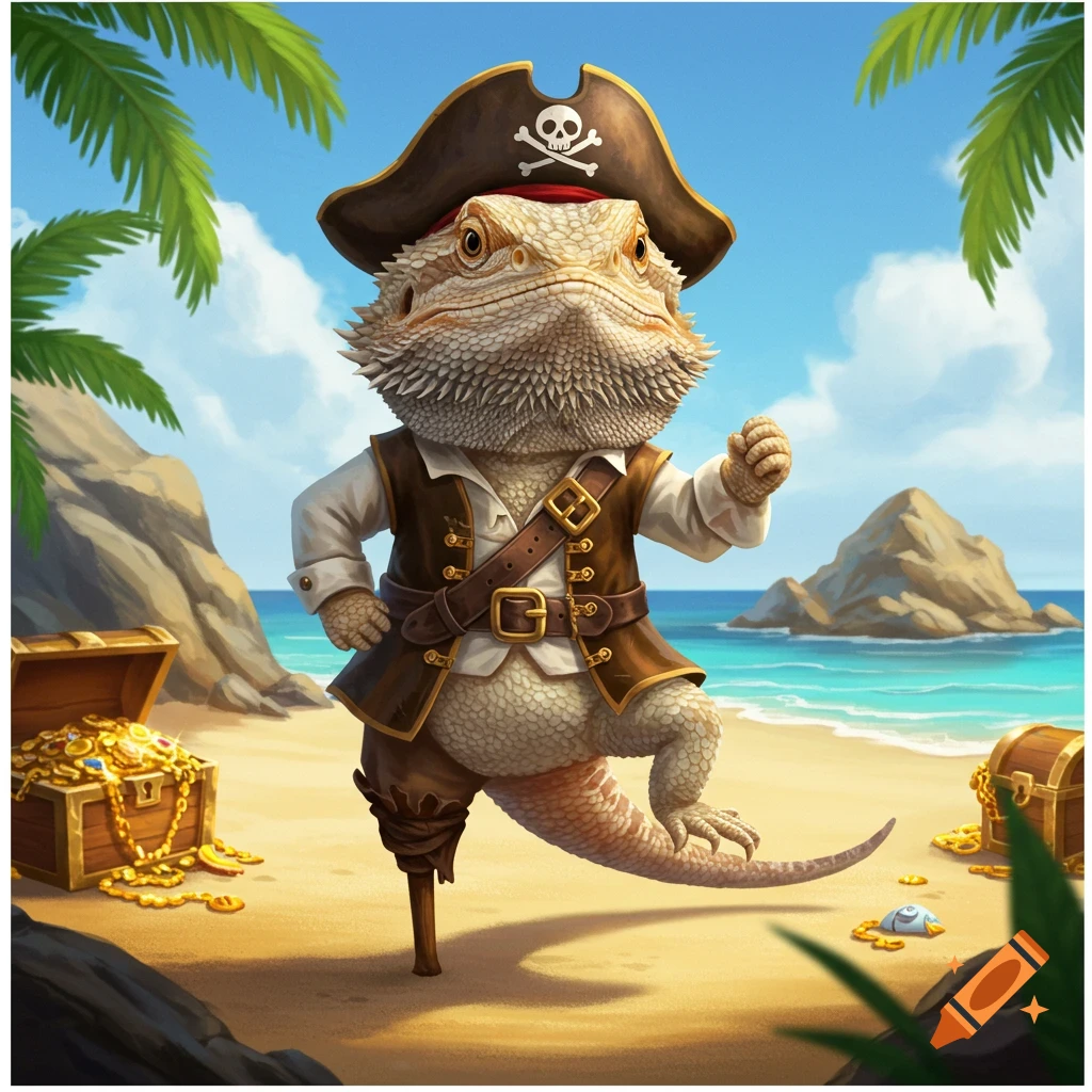 A cartoon bearded dragon dressed as a pirate with a peg leg stands on a vibrant tropical beach with treasure chests.