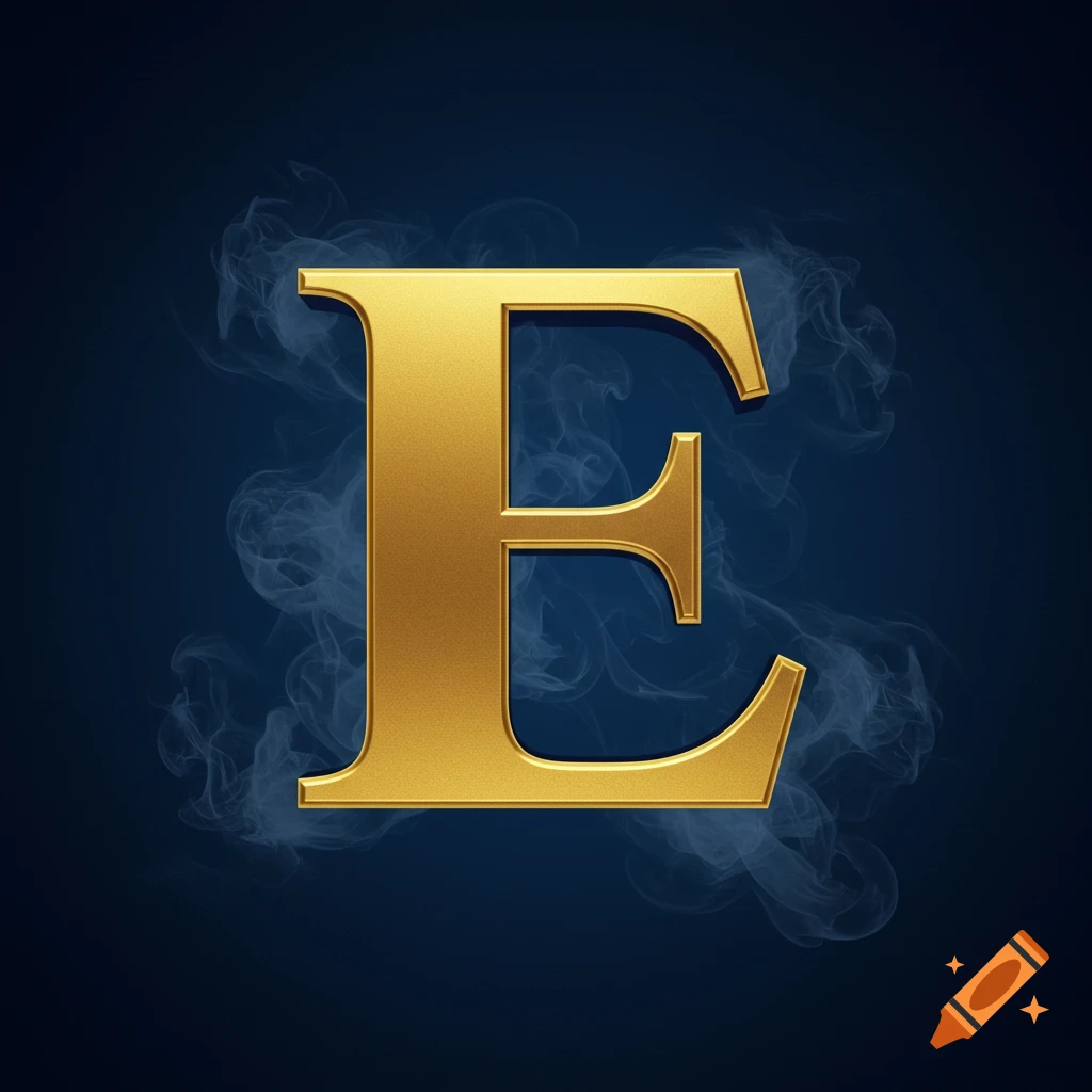 A golden letter E with a smoky blue background.