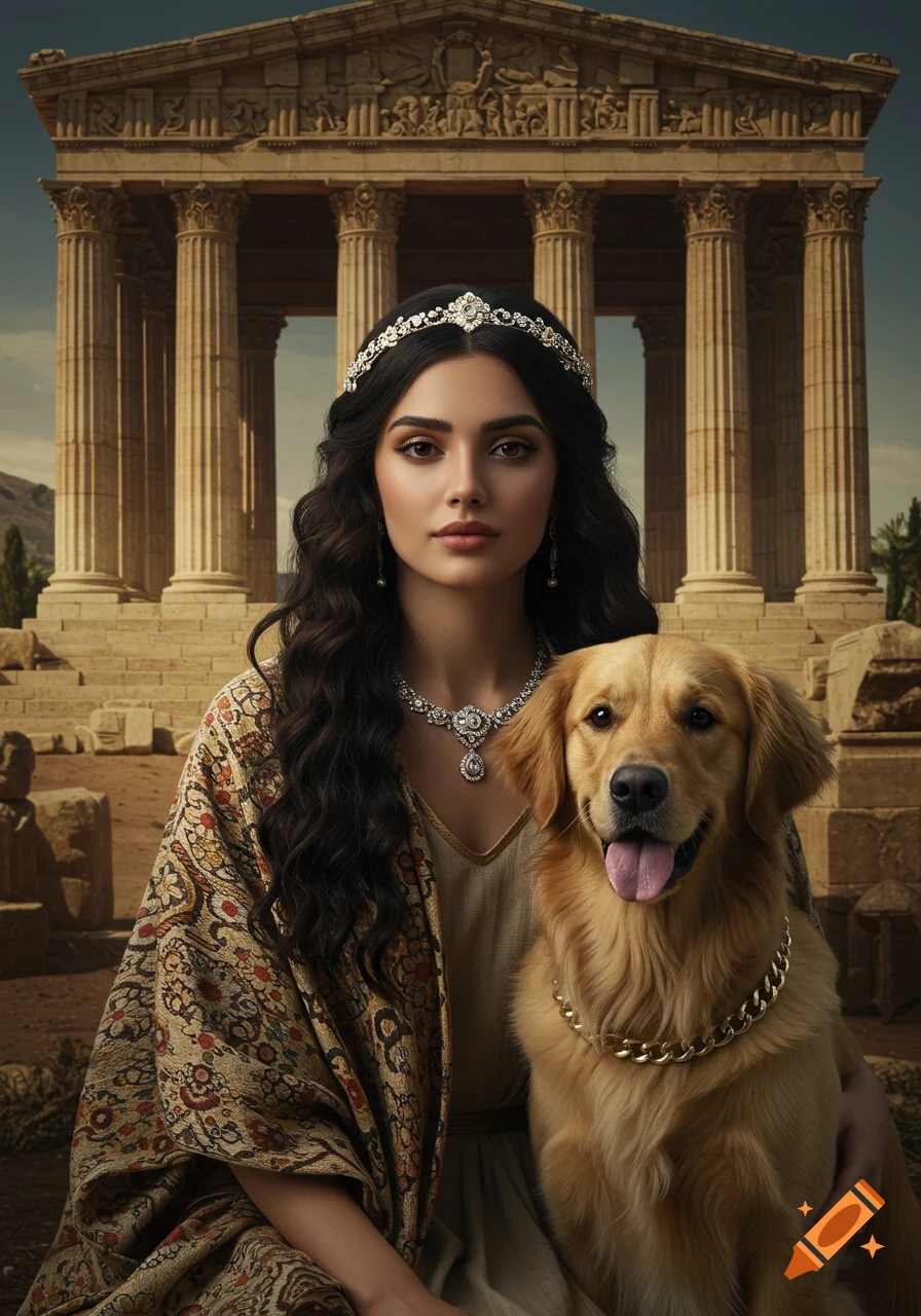 A beautiful woman in ancient attire and tiara stands with a golden retriever in front of a classical temple.