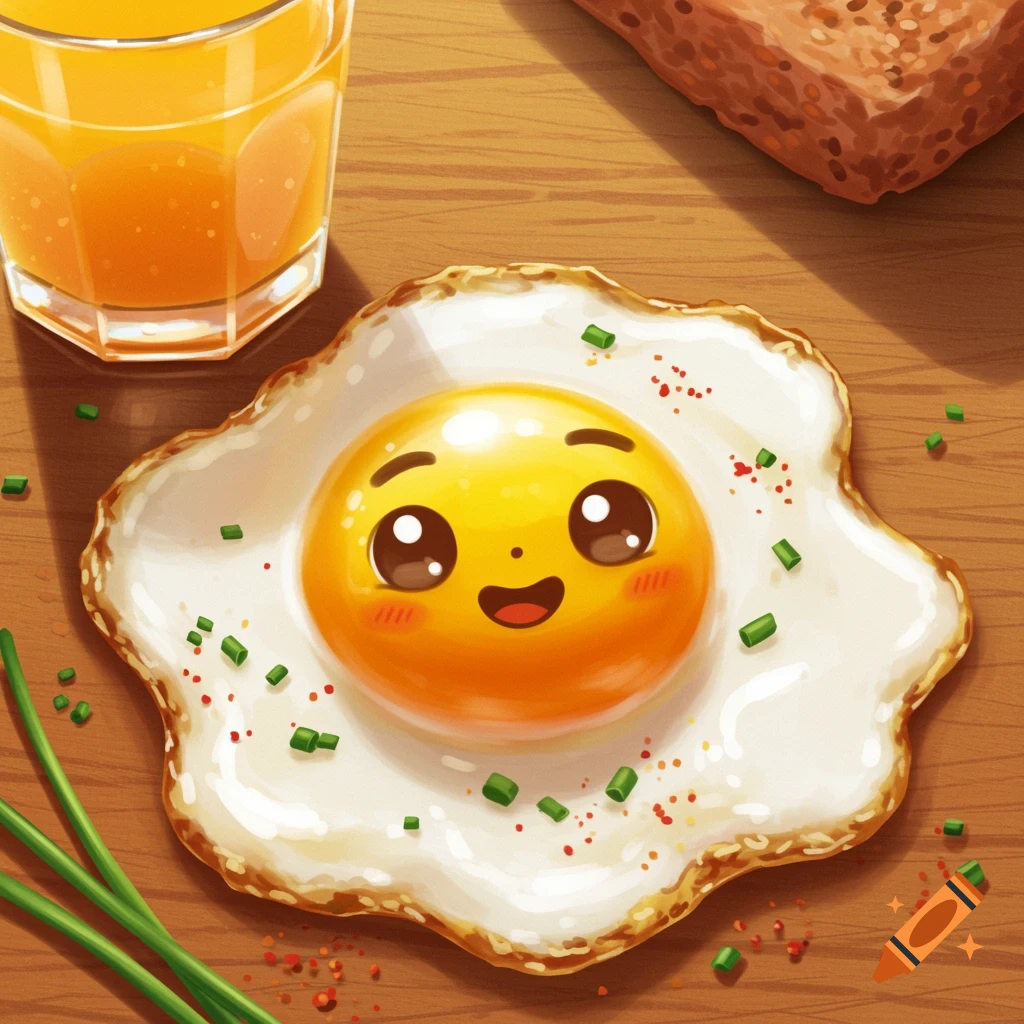 A cute cartoon sunny-side-up egg with a happy face on a wooden table, next to a glass of orange juice and a slice of bread.