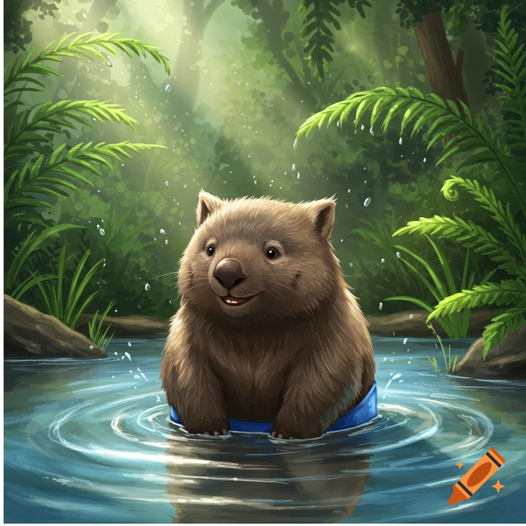 A cute cartoon wombat wearing blue shorts stands in clear water with ripples, surrounded by lush green forest foliage and sunlight.