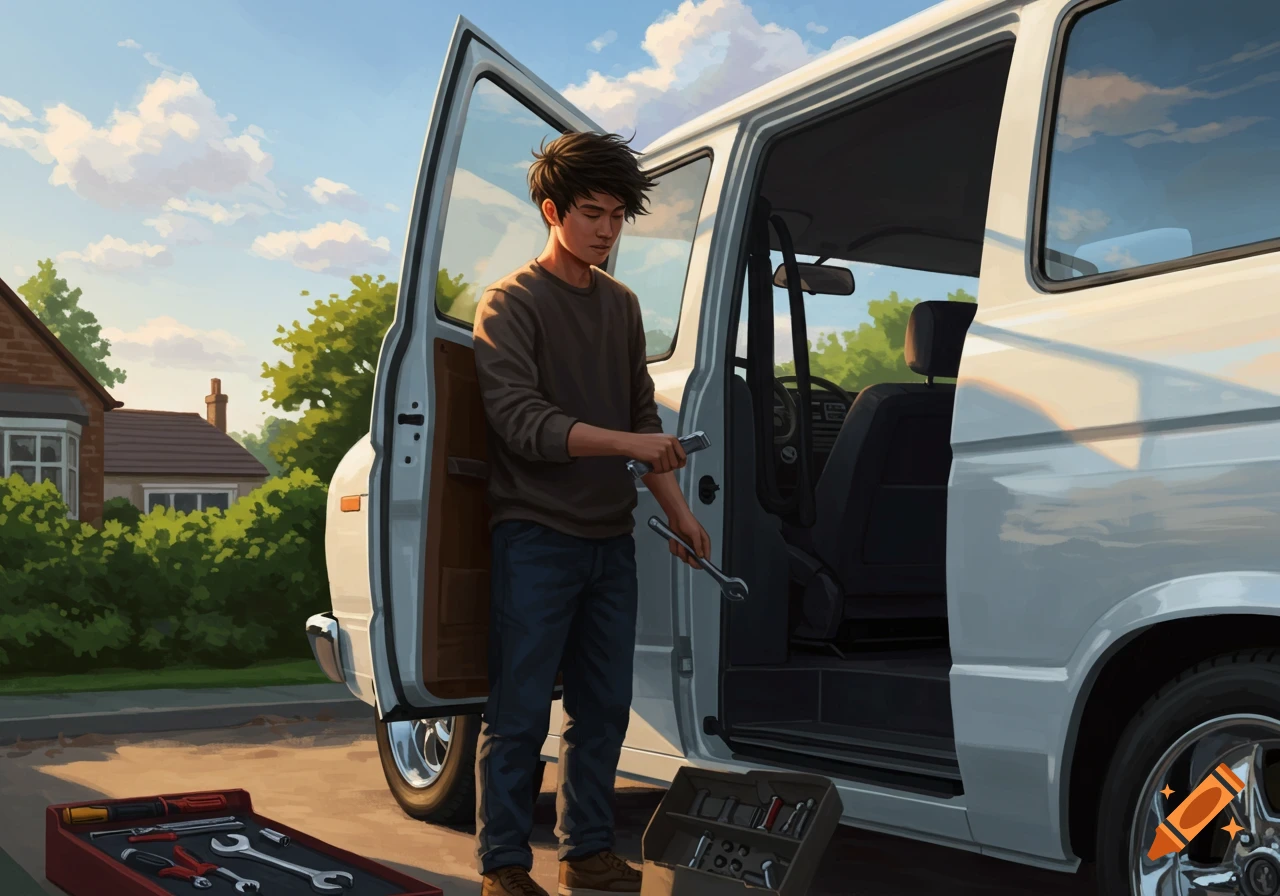 A young man with tools works on a white van in a sunny driveway, in an illustrative style.