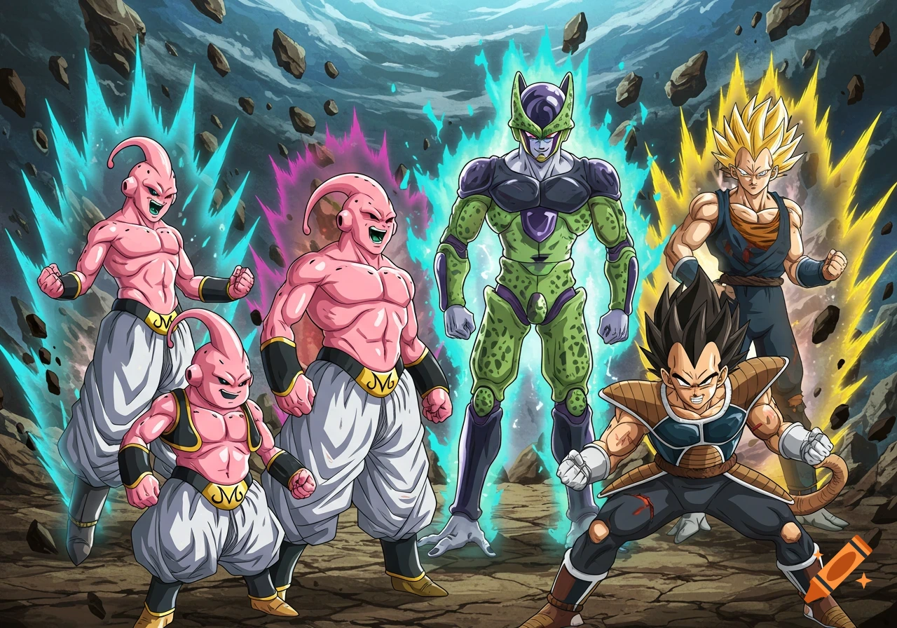 Dragon Ball Z characters including three forms of Majin Buu, Perfect Cell, a Super Saiyan, and Raditz in dynamic battle poses with energy auras and floating rocks in an action-packed scene.