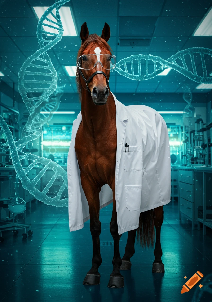 A photorealistic brown horse wearing a lab coat and safety glasses stands in a glowing blue science lab with DNA strands.