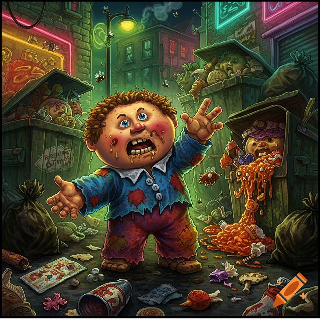 A stylized cartoon character, reminiscent of Garbage Pail Kids, covered in gunk, stands in a dirty alley overflowing with trash and flies, under neon signs.