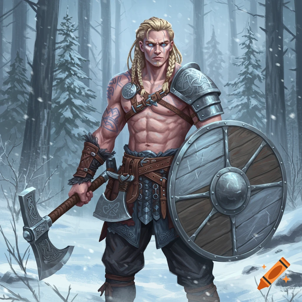 A blond male Viking warrior with braids and tattoos, wearing armor, holds a double-headed axe and a shield in a snowy forest.
