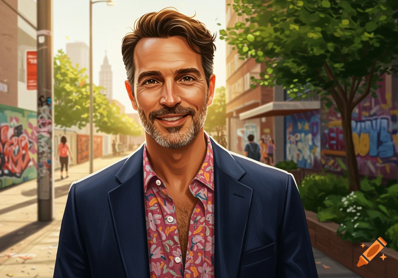 A smiling man with a beard in a suit and floral shirt stands on a city street with graffiti, illustrated in a vibrant style.