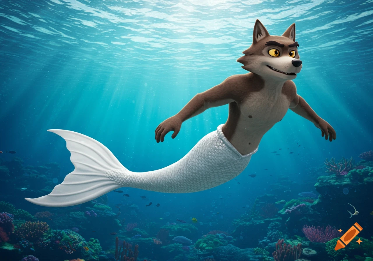 A brown cartoon wolf with a white mermaid tail swims shirtless underwater in a 3D art style.