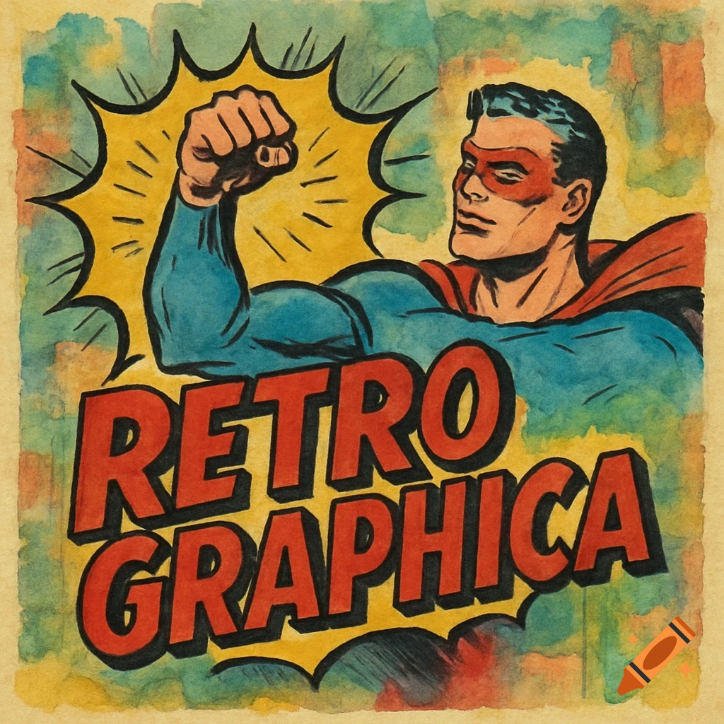Watercolor comic book style illustration of a superhero, with red text 'RETRO GRAPHICA' in a speech bubble.