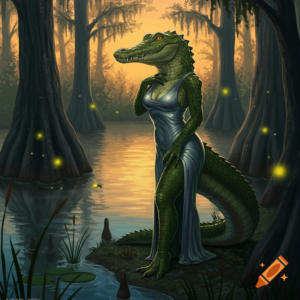 An anthropomorphic alligator woman in a long dress stands in a mystical swamp at sunset, surrounded by glowing fireflies.