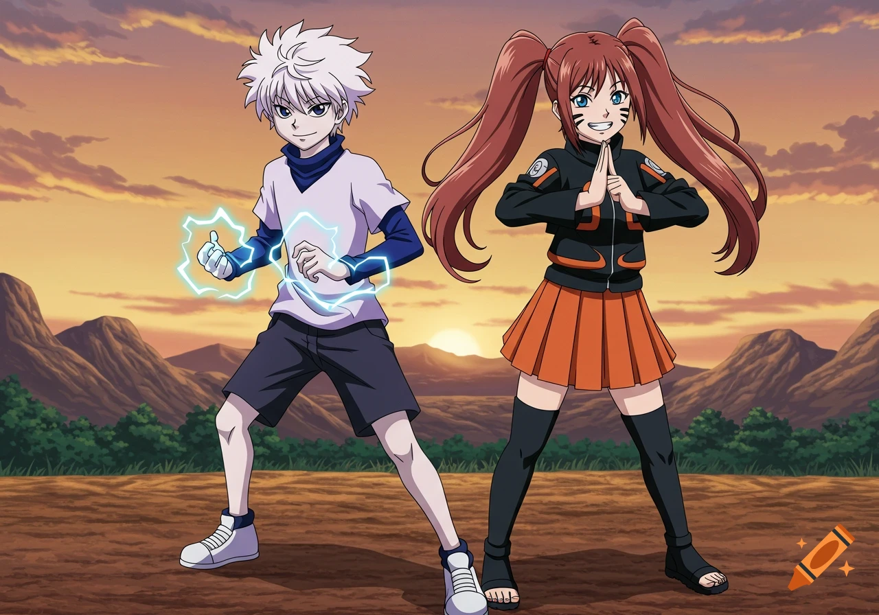Anime fan art of Killua from Hunter x Hunter with electricity and a female Naruto character in battle poses in a desert landscape at sunset.