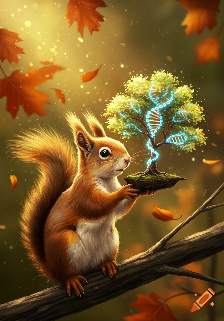 A cute squirrel holds a glowing tree with blue DNA strands on a branch amidst falling autumn leaves and golden light.