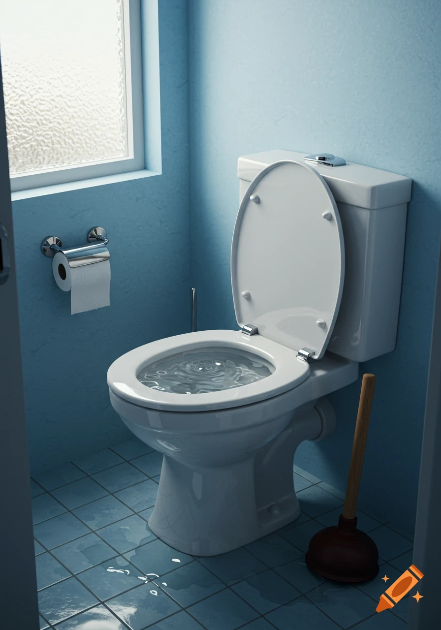 A photorealistic image of a white toilet with water overflowing onto a blue tiled bathroom floor, with a plunger nearby.