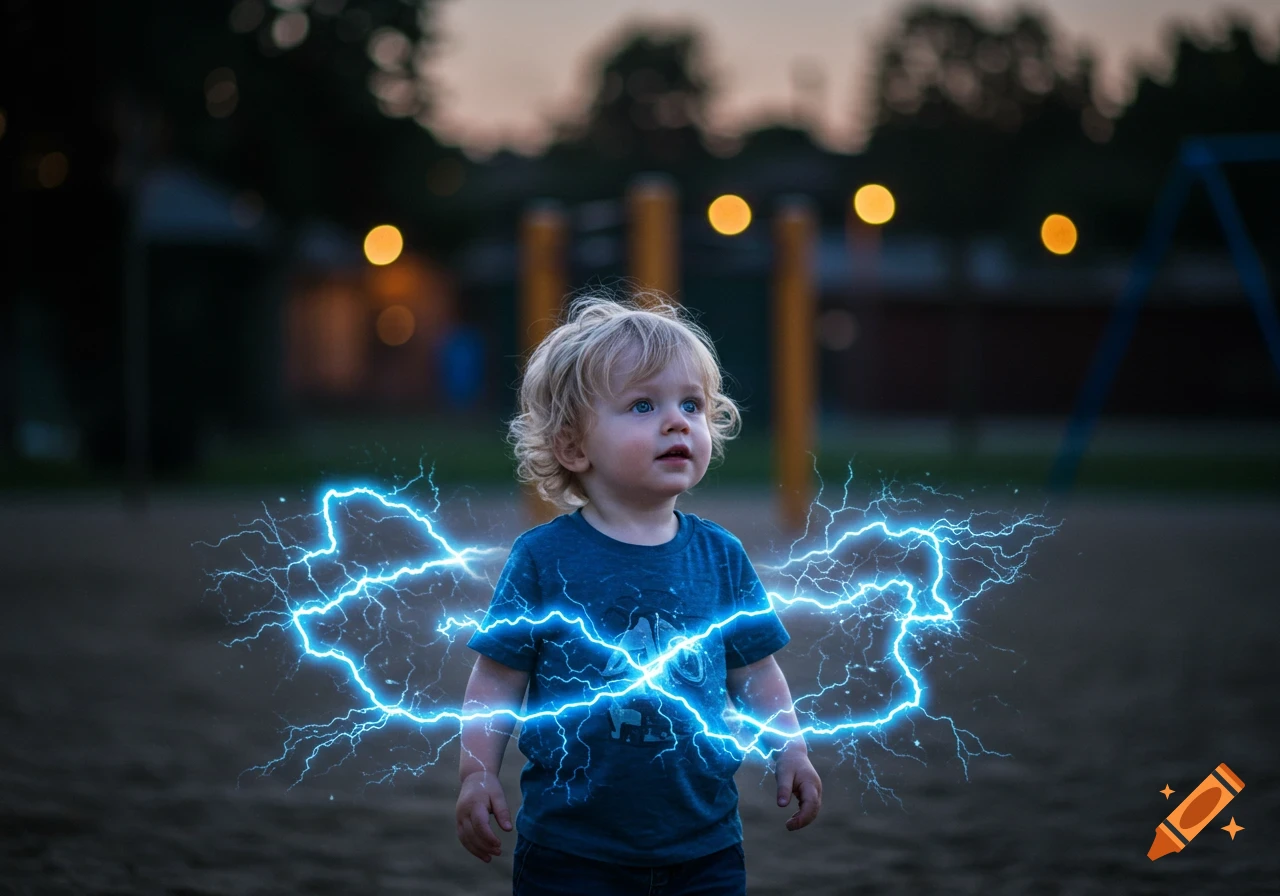 A blonde toddler boy stands in a park with bright blue electricity pulsing around him.