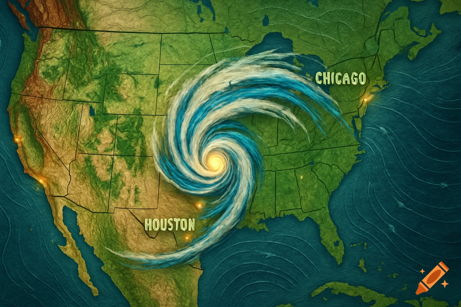 A stylized, textured map of the United States with a large hurricane swirling over the central region, labeled with 'HOUSTON' and 'CHICAGO'.