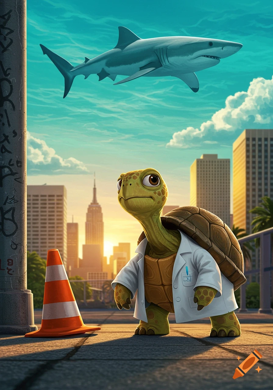 Cartoon turtle in a lab coat stands on a city street at sunset next to a traffic cone, with a great white shark flying overhead.