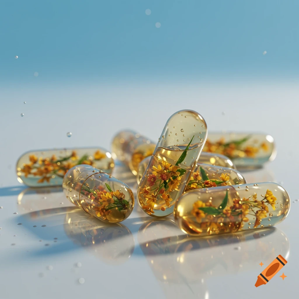 Close-up of clear capsules filled with yellow flowers and liquid, scattered on a reflective surface with water droplets under a soft blue sky.