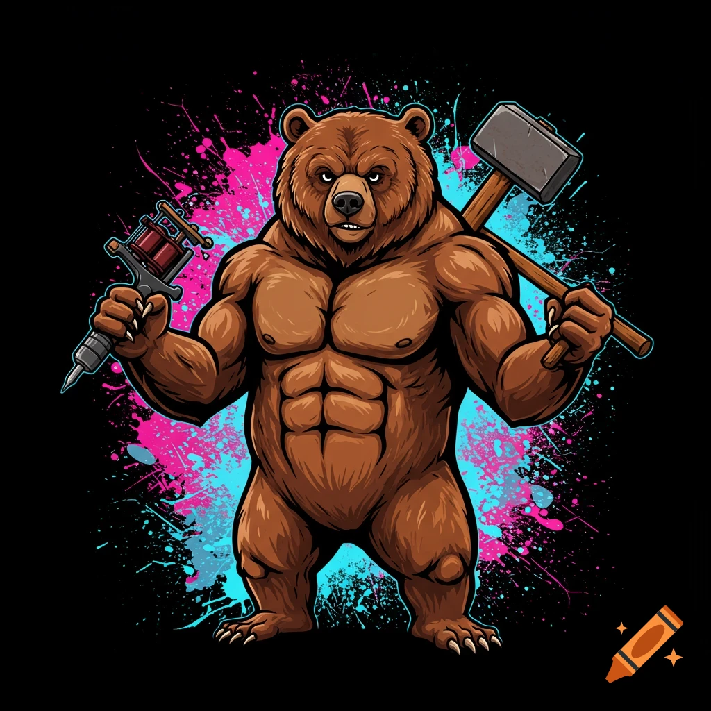 Cartoonish muscular grizzly bear holding a tattoo gun and hammer against pink and blue paint splatters.