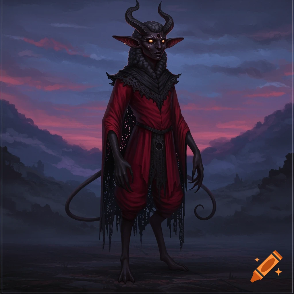 A dark-skinned, horned creature in a red robe with glowing eyes and long claws stands in a dark landscape against a sunset.