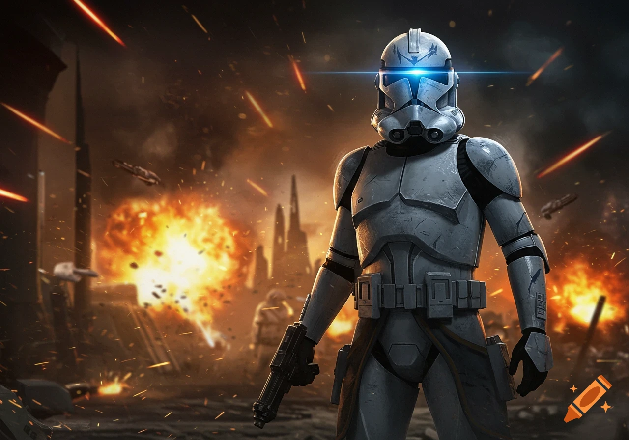 A Star Wars clone trooper in white armor and blue glowing eyes holds a blaster amidst explosions and debris in a war-torn city.