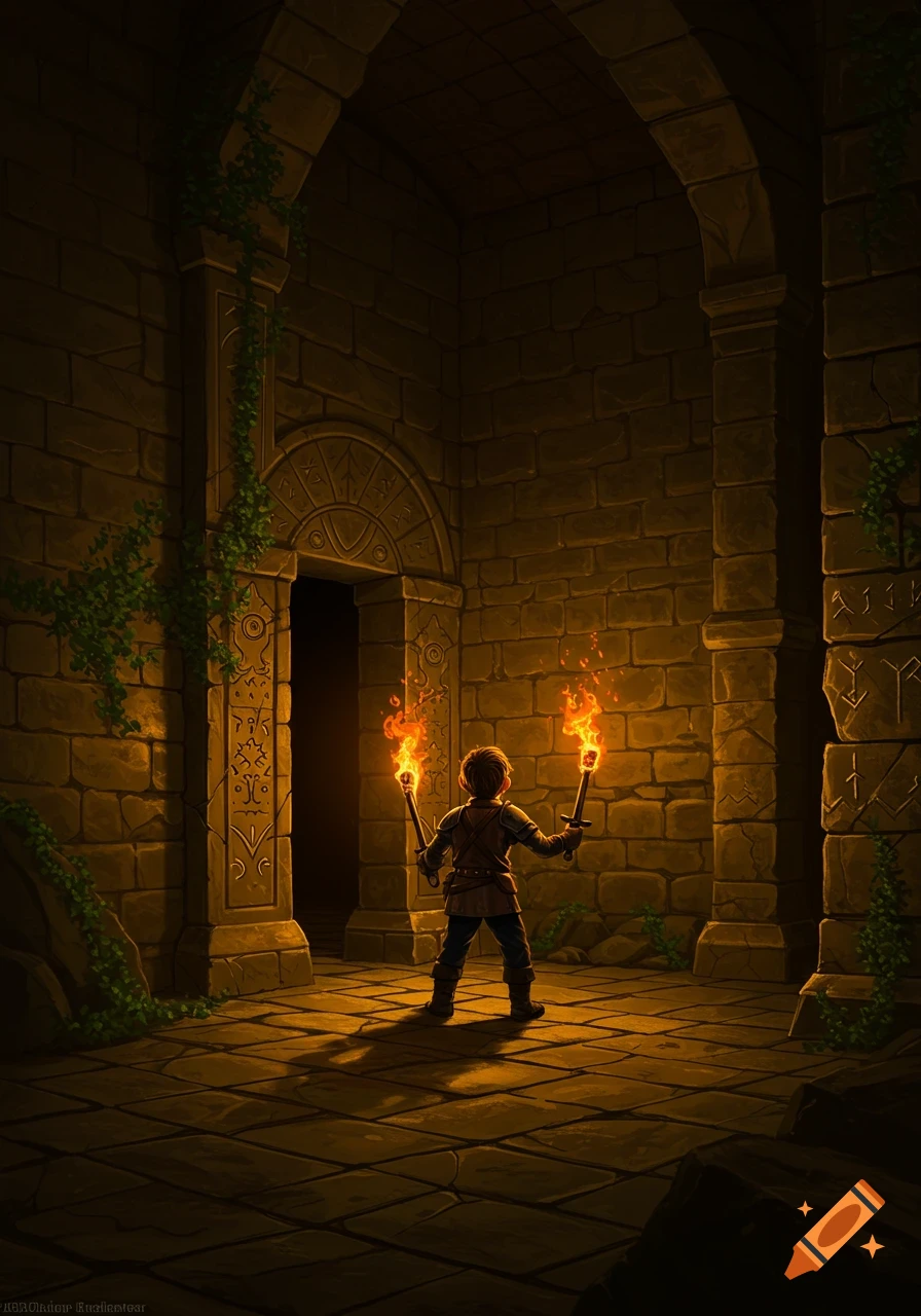 A young adventurer in a dark stone dungeon holds two flaming torches, illuminating ornate stone walls and a doorway.