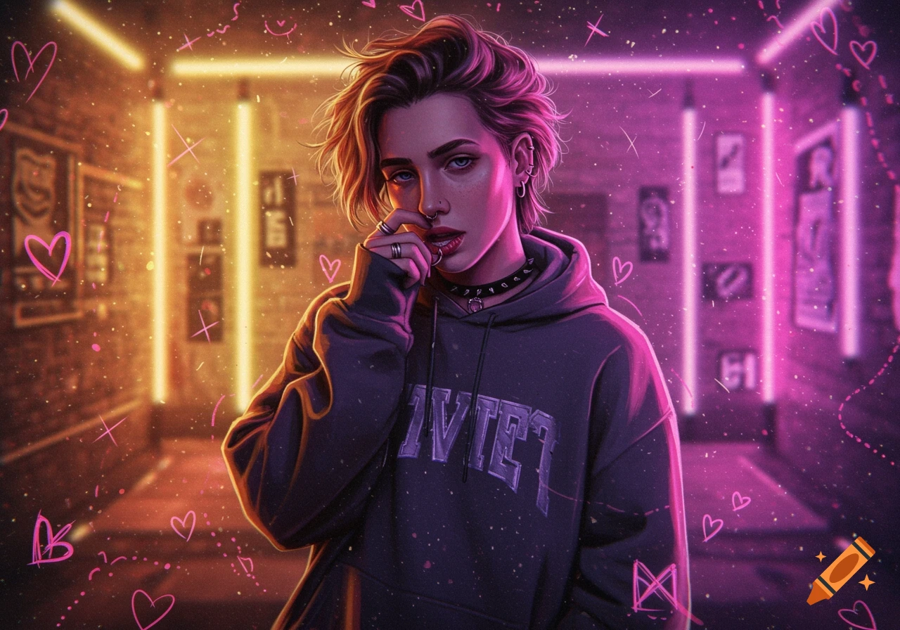 An illustrative portrait of a person with messy hair and piercings in a dark hoodie, illuminated by pink and yellow neon lights, with scattered heart doodles.