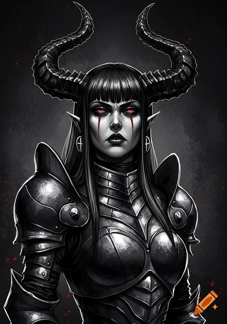 A dark fantasy illustration of a horned warrior woman in detailed armor with red eyes and blood-like streaks.