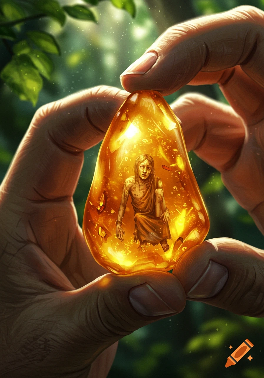 A giant hand holds a glowing piece of amber containing a small, pale, emaciated human figure against a blurry green background.