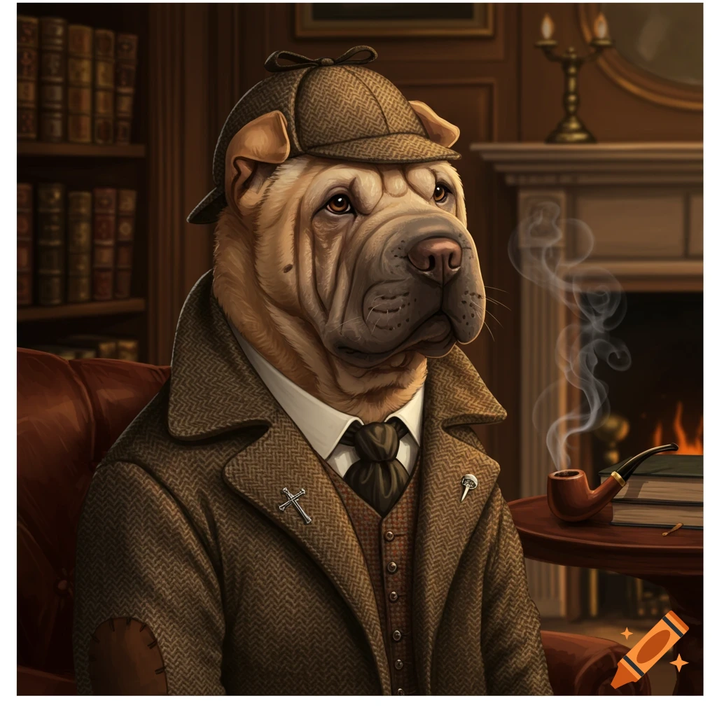 A Shar Pei dog dressed as Sherlock Holmes in a tweed coat and deerstalker hat, holding a smoking pipe in a study.