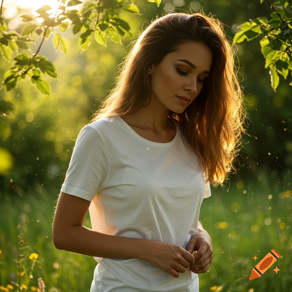 A woman with long brown hair in a white t-shirt stands in a sunlit green field.