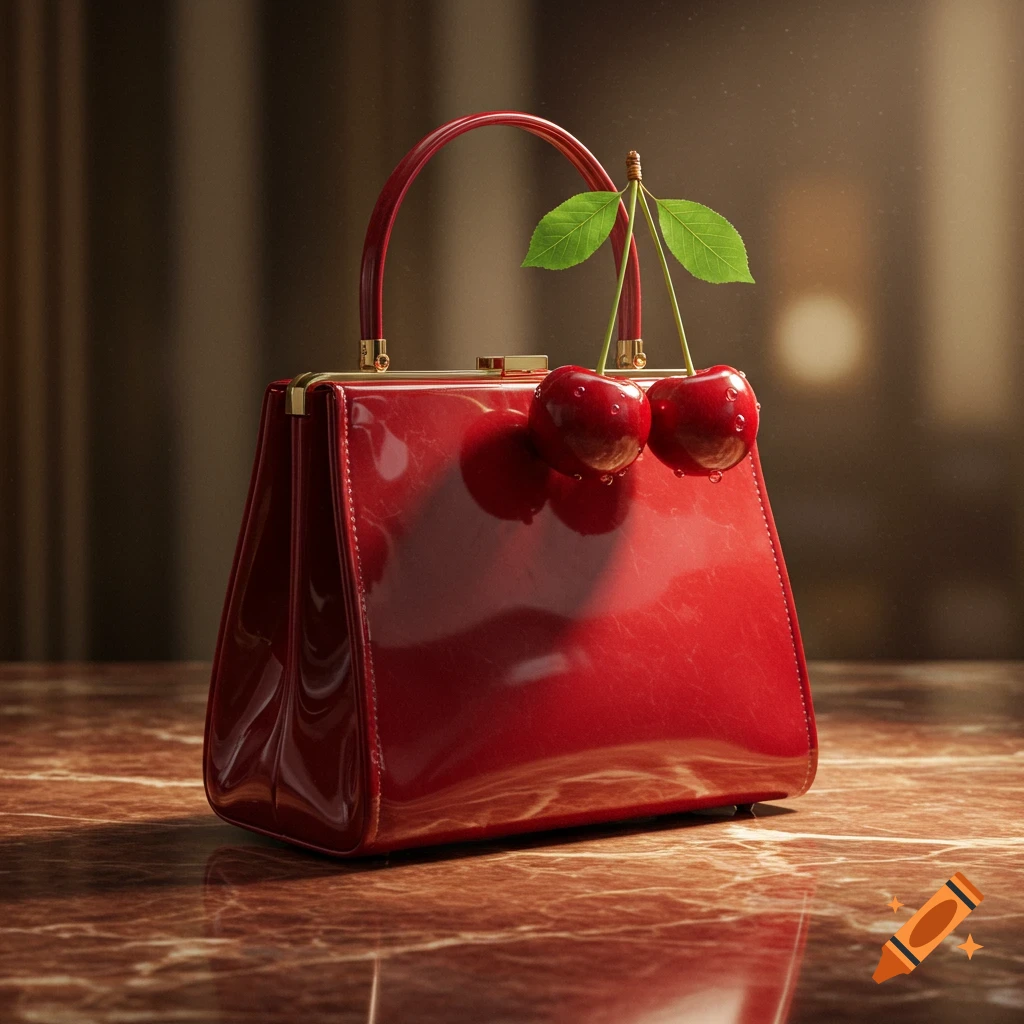 A photorealistic image of a glossy red handbag on a marble table, adorned with two fresh cherries on its handle.