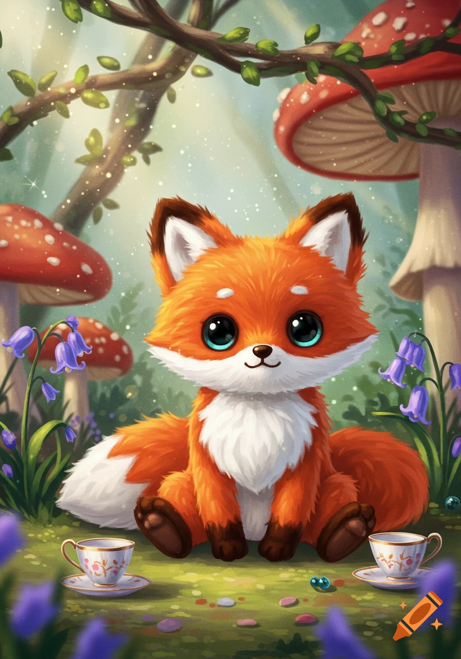 A cute, stylized fox with big blue eyes sits in an enchanted forest among red mushrooms and purple flowers.