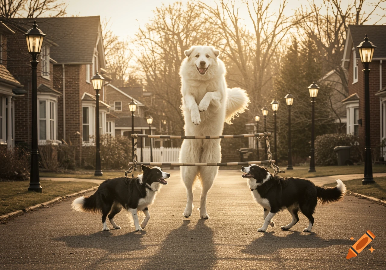 A Great Pyrenees stands on its hind legs in a street, appearing to jump a rope, flanked by two Border Collies.