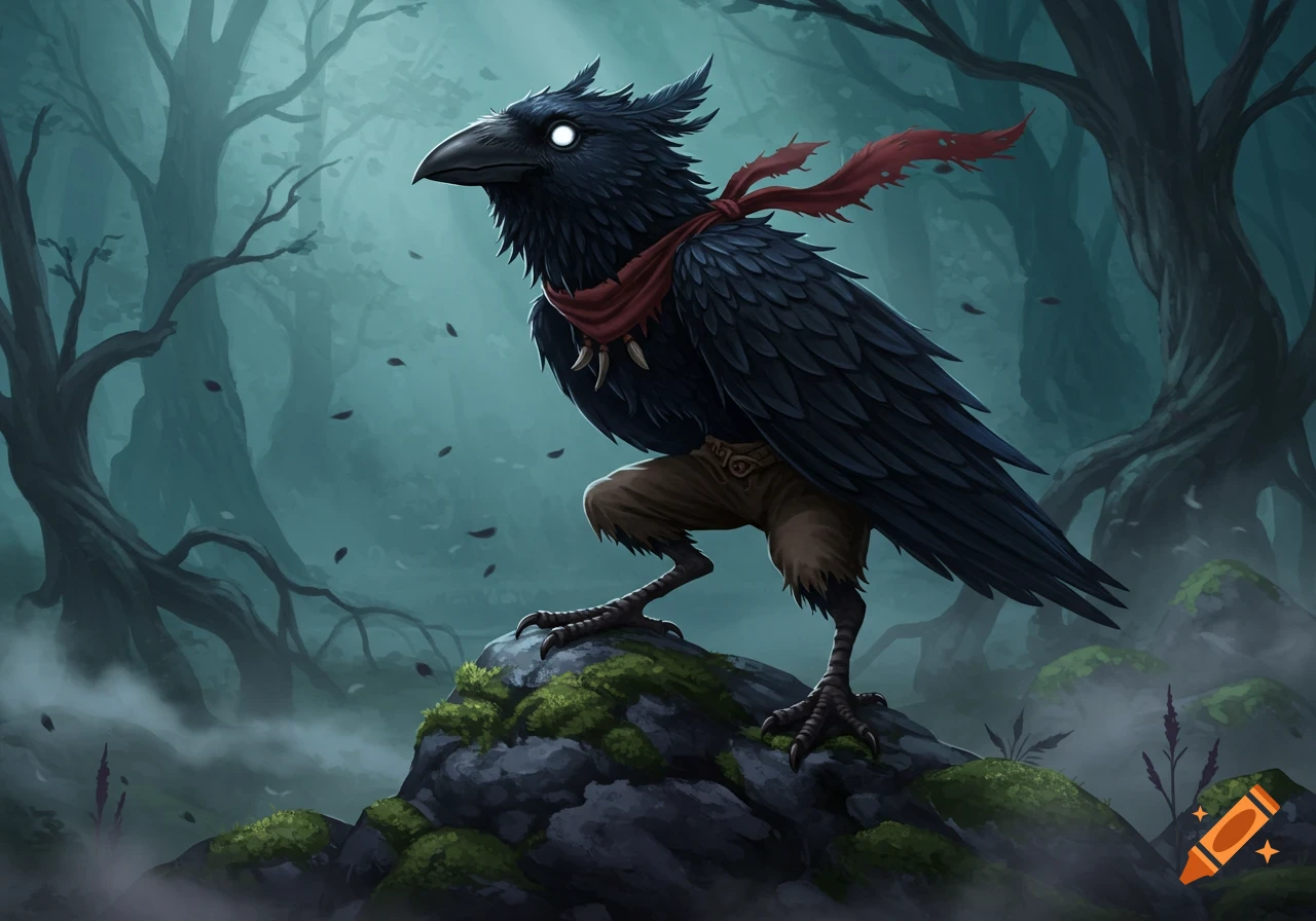 A black crow-like fantasy creature with a red scarf and pants stands on a mossy rock in a misty, dark forest.