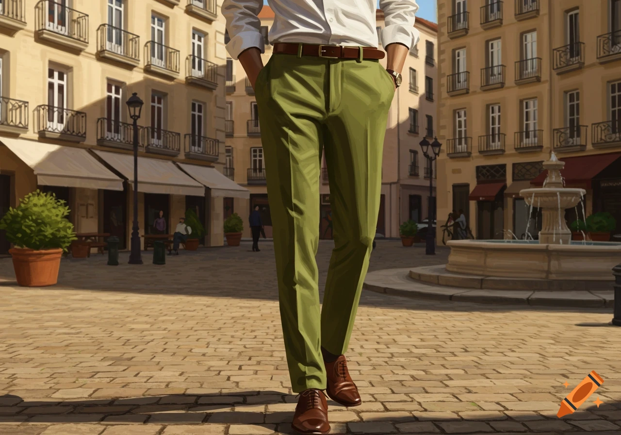 Illustrated view of a man's lower body in olive green pants and brown shoes, standing in a European-style cobblestone square.