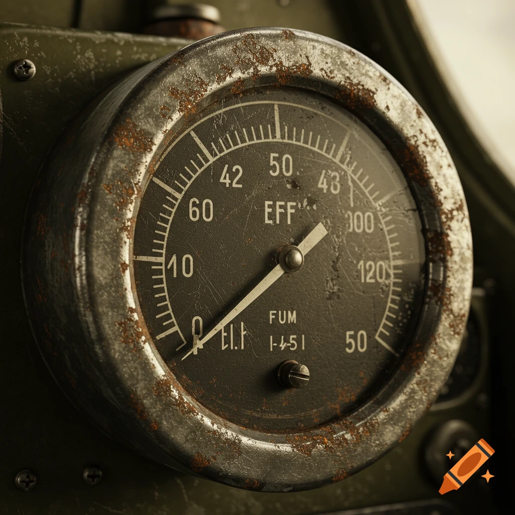 Close-up, photorealistic image of a rusty, weathered dark green World War Two German fuel meter gauge with an active needle.