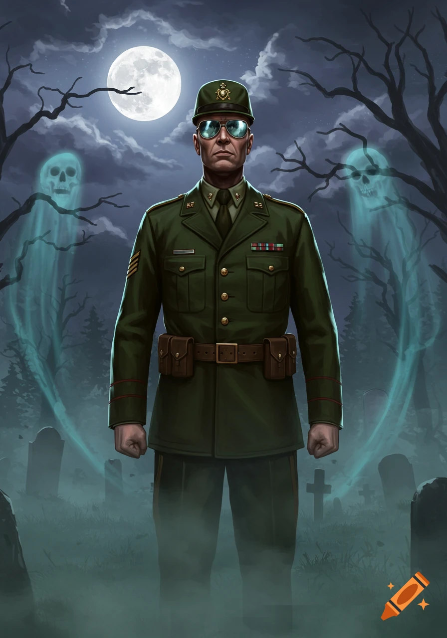 A stern man in a green military uniform and sunglasses stands in a foggy graveyard under a full moon, flanked by two ghostly figures.