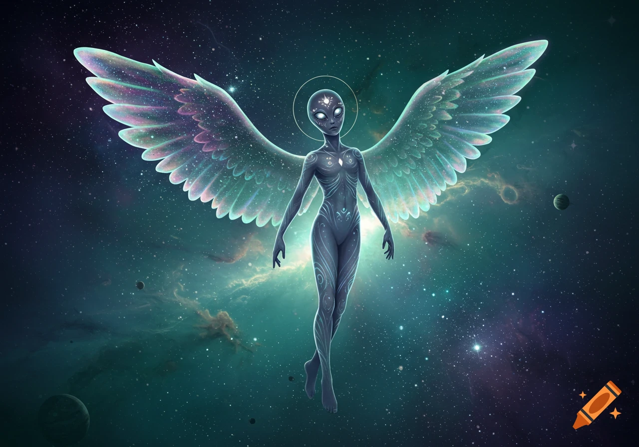 A humanoid alien figure with large, translucent, iridescent wings floats in a starry, teal-blue galaxy with nebulae and planets.