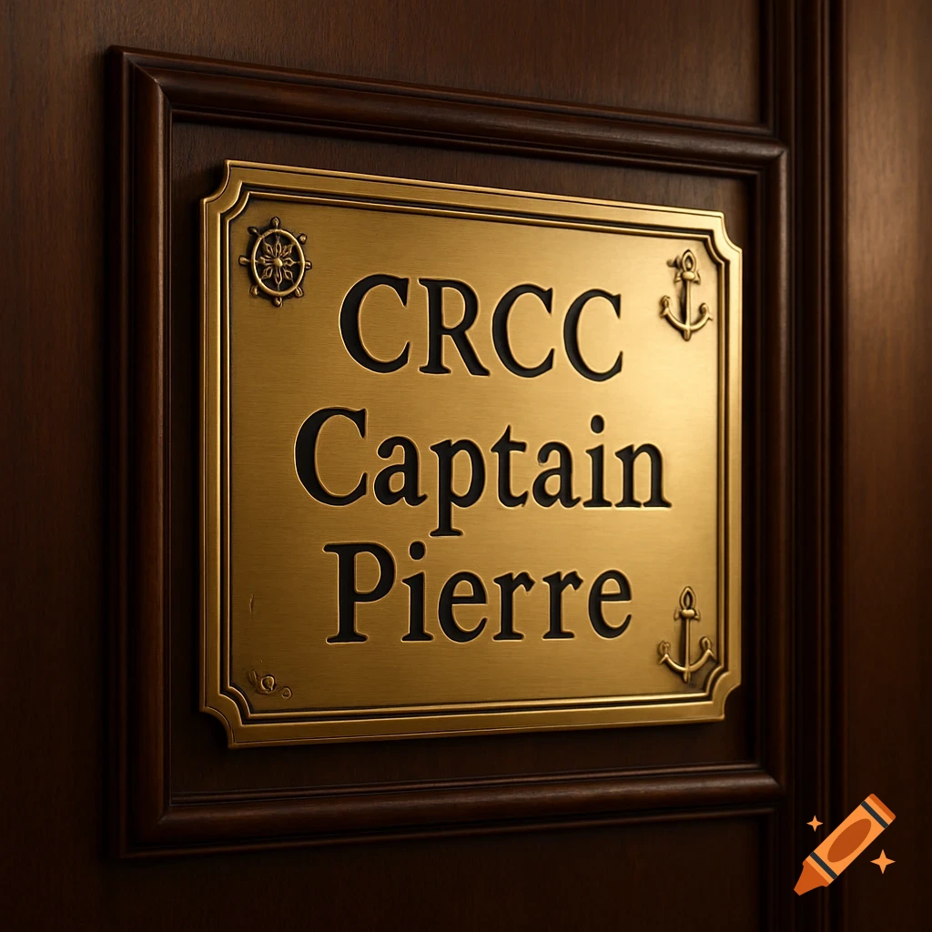 A close-up of a brass plaque on a dark wooden door. The plaque reads "CRCC Captain Pierre" in black lettering.