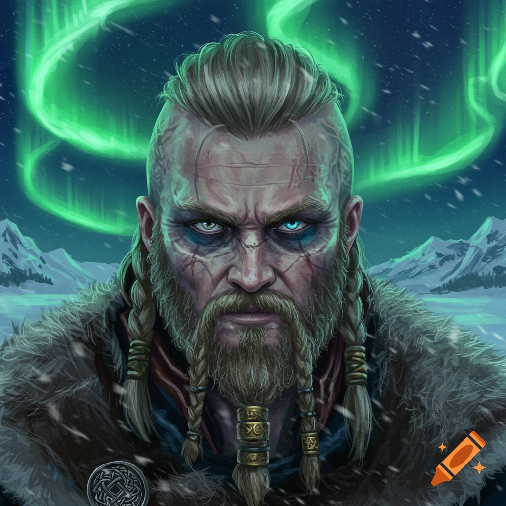 Close-up portrait of a fierce male viking with heterochromia, scars, beard, and braids, under green aurora borealis.