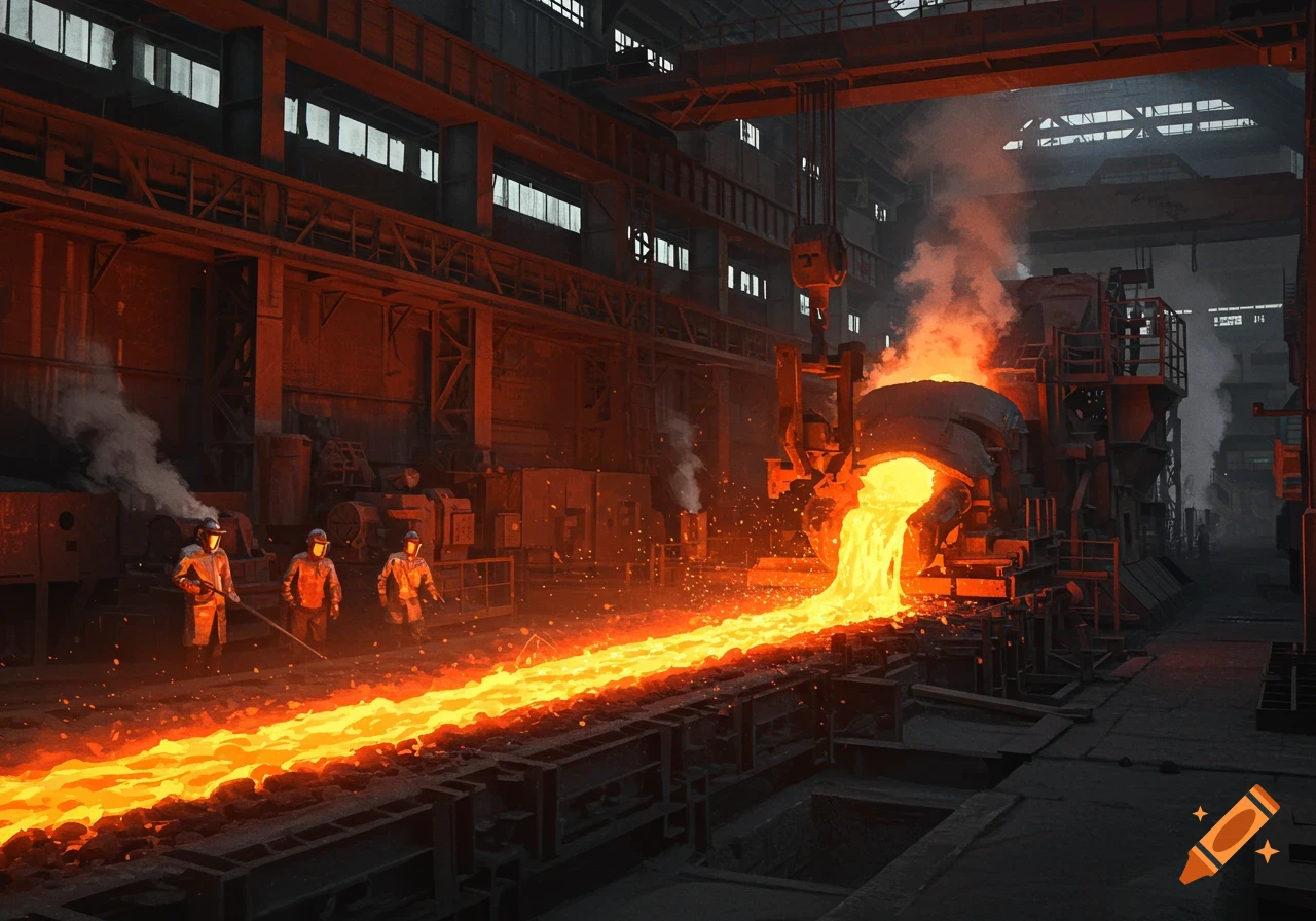 Photorealistic image of workers observing molten metal flowing in a dark industrial foundry.