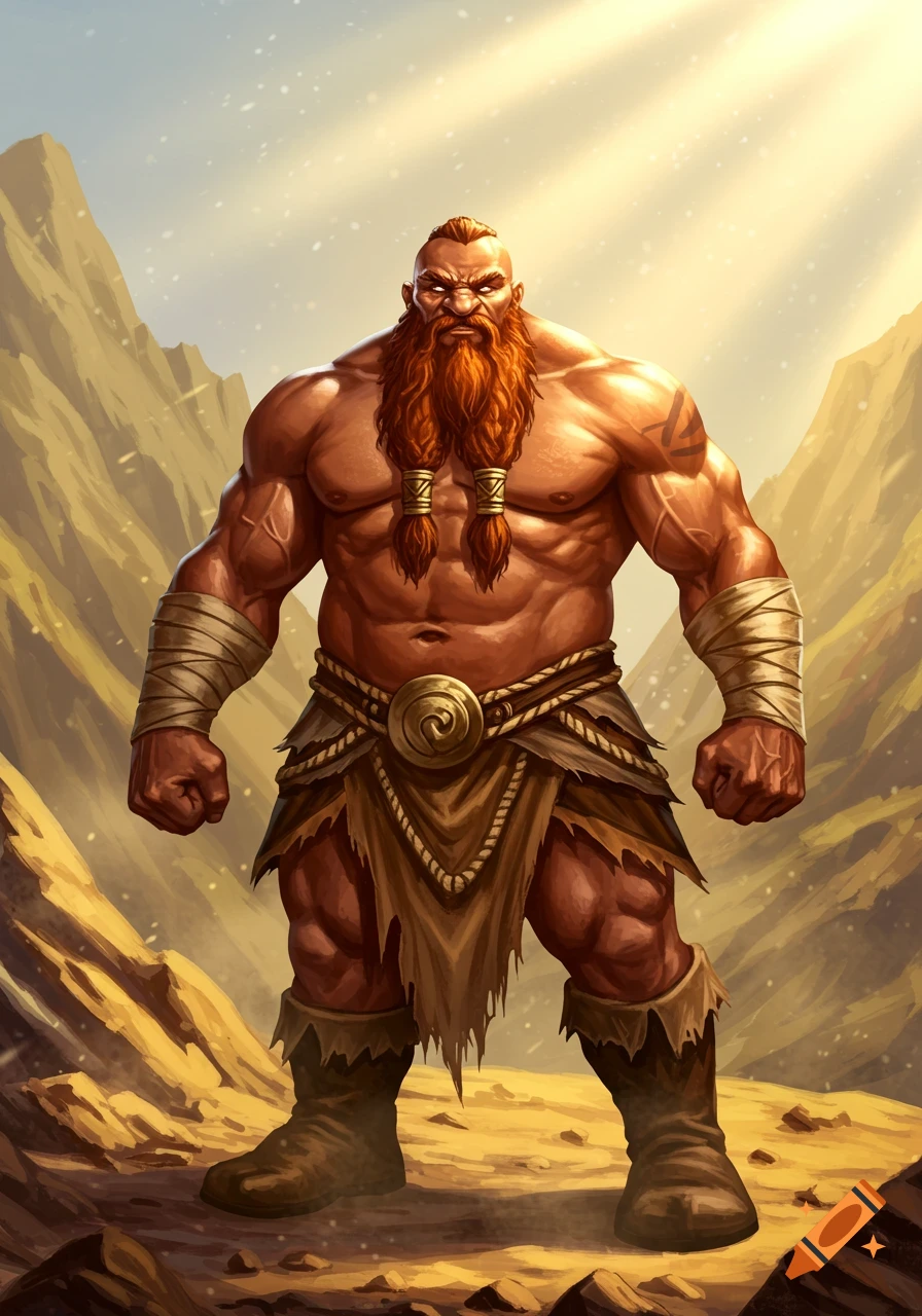 A muscular, red-bearded fantasy dwarf with a mohawk, wearing rags and boots, stands in a bright, rocky landscape.