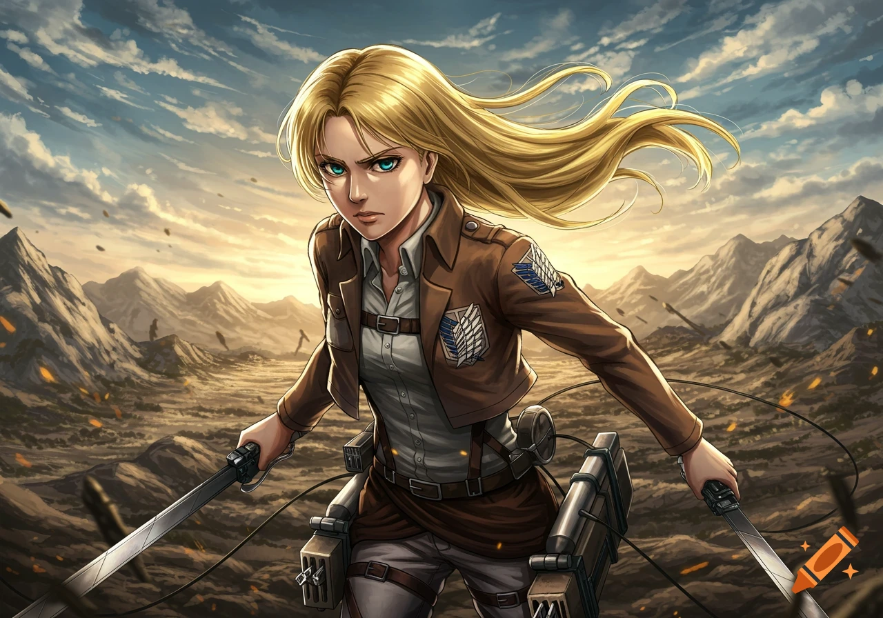 A determined blonde anime woman with swords stands in a barren, mountainous landscape under a stormy sky, in Attack on Titan style.