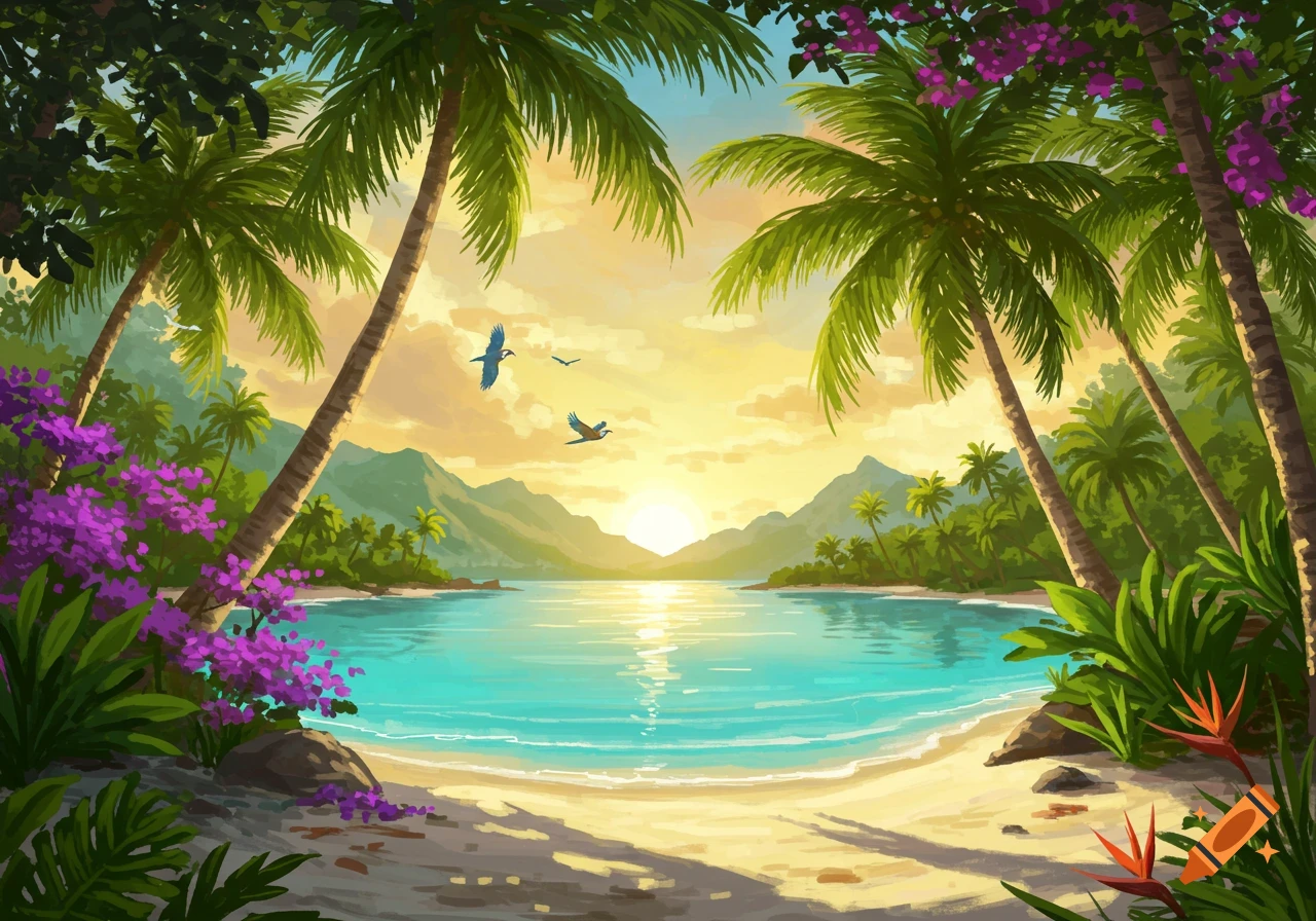 A vibrant, stylized illustration of a tropical beach at sunset with palm trees, purple flowers, and birds flying over turquoise water.
