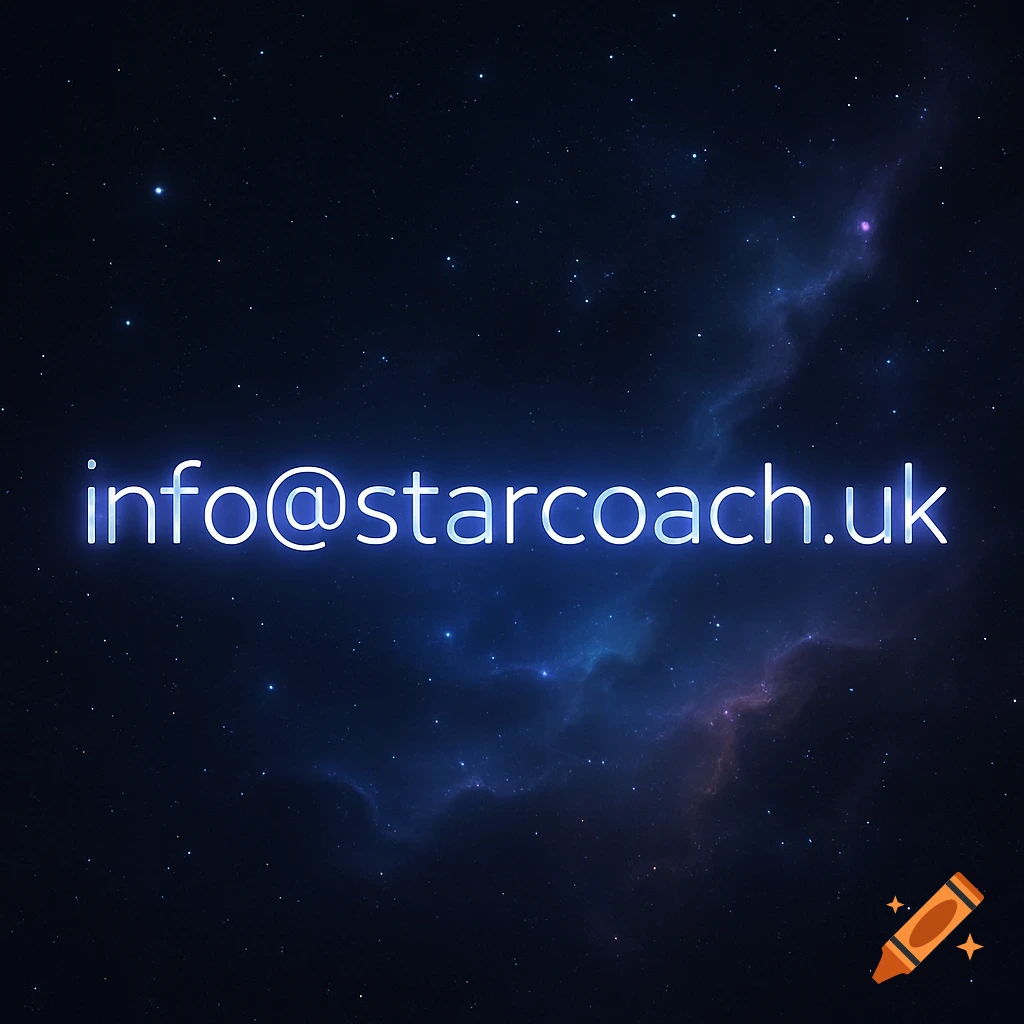 Glowing blue email address 'info@starcoach.uk' against a dark starry space background with a nebula.