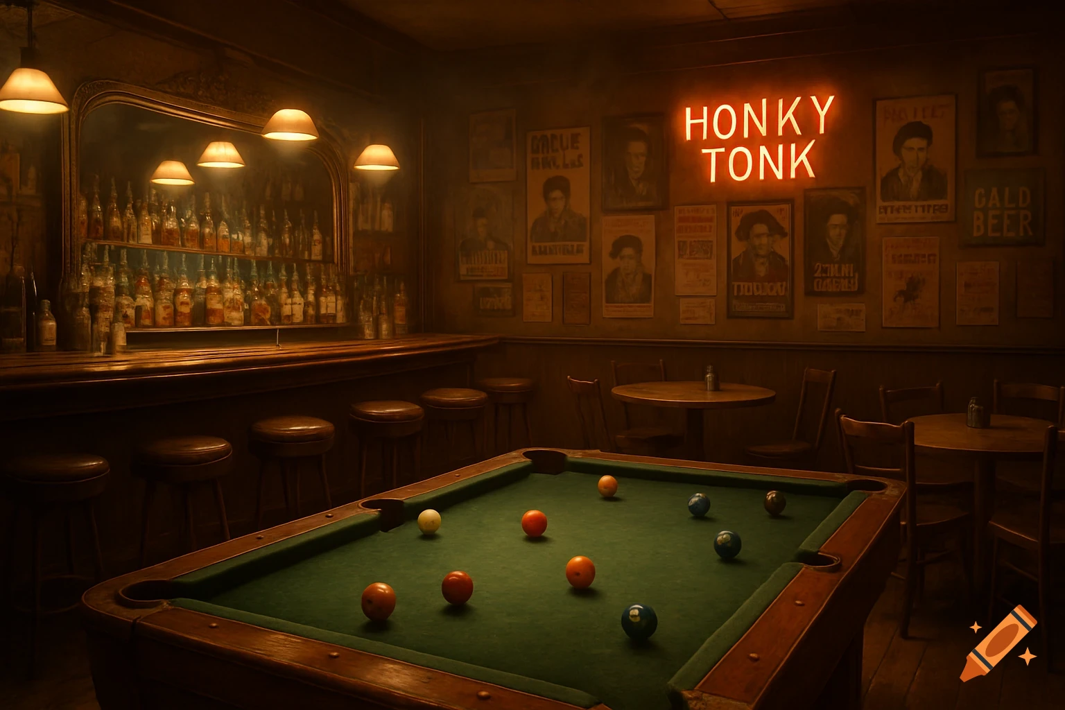 A photorealistic image of a vintage 1970s honky tonk bar interior with a neon sign, pool table, bar with bottles, and posters on the wall.